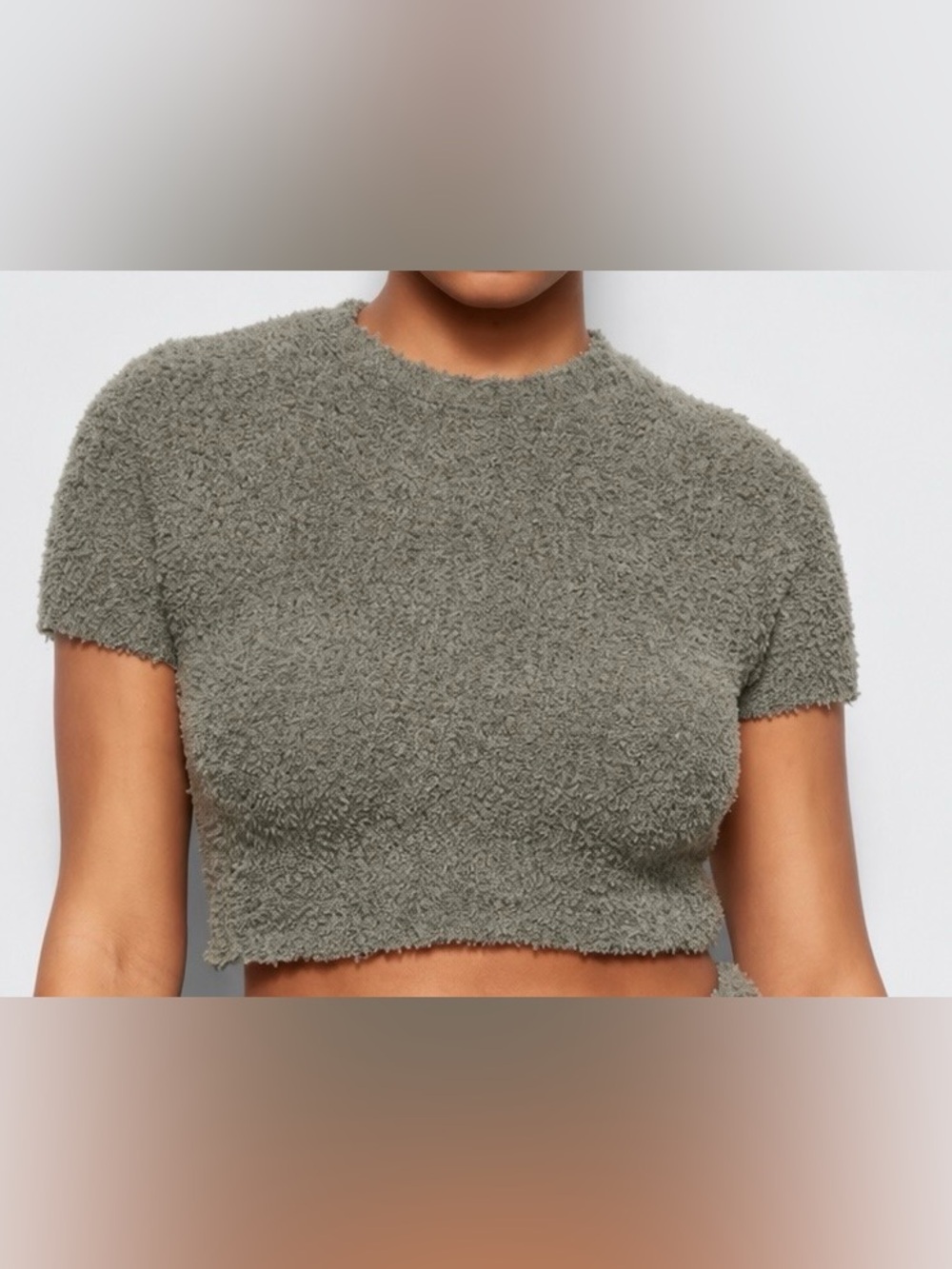 SKIMS Gray Green Fuzzy Knit Cropped Short Sleeve Top - Size S/M